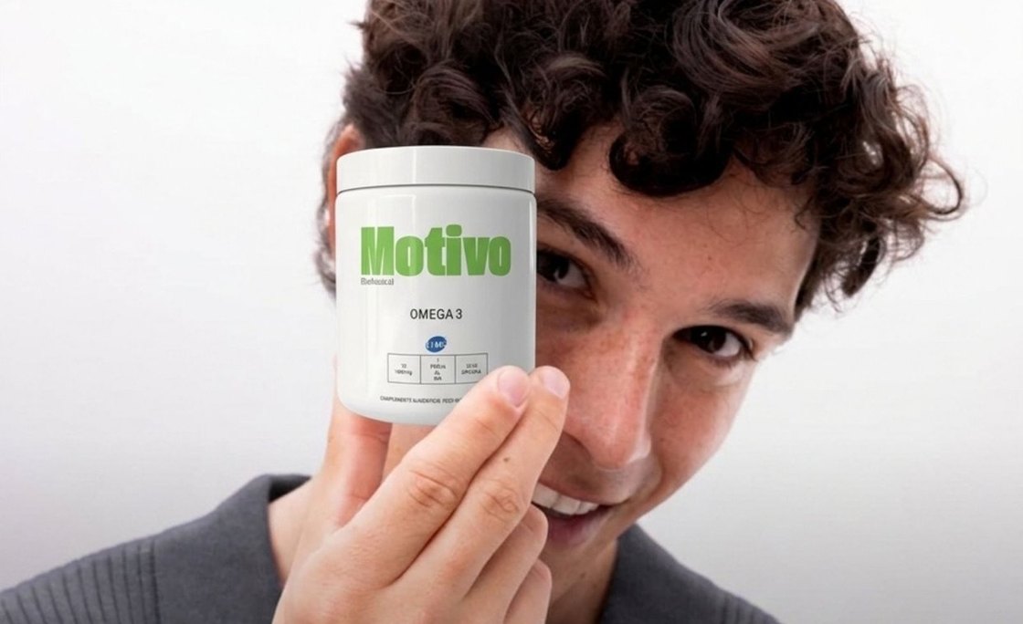 Chico sujetando un bote de Omega 3 IFOS de Motivo delante de la cara