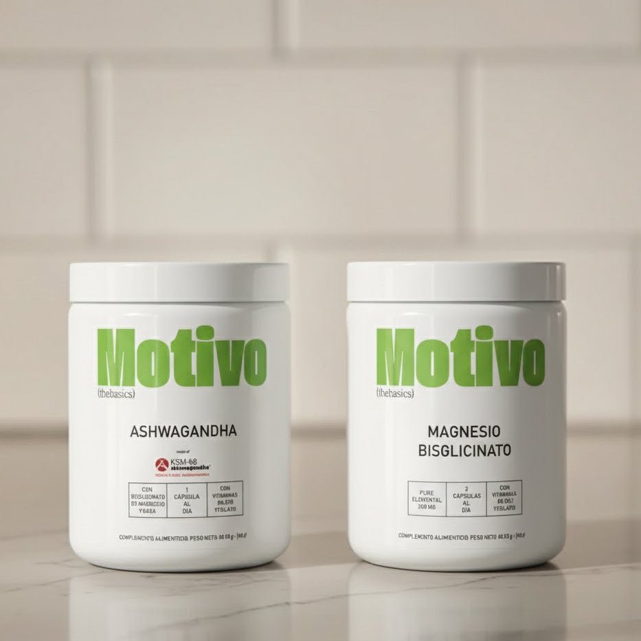 Botes de Ashwagandha y Magnesio Bisglicinato de Motivo sobre una encimera